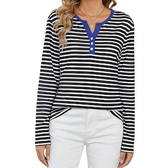 Women's Long Sleeve Top Henley Neck Striped Button Relaxed Fit Casual Tops