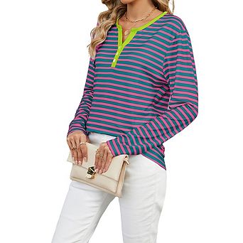 Women's Long Sleeve Top Henley Neck Striped Button Relaxed Fit Casual Tops