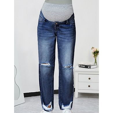 Women's Maternity Jeans Over Belly Comfy Stretch Denim Pants with Pockets