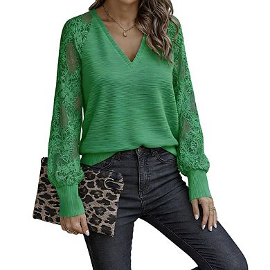 Women's Long Sleeve Blouse V Neck Lace Mesh Sleeve Ribbed Relaxed Fit Casual Tops
