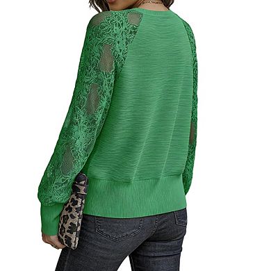 Women's Long Sleeve Blouse V Neck Lace Mesh Sleeve Ribbed Relaxed Fit Casual Tops