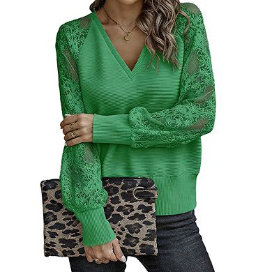 Women's Long Sleeve Blouse V Neck Lace Mesh Sleeve Ribbed Relaxed Fit Casual Tops