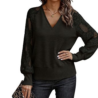 Women's Long Sleeve Blouse V Neck Lace Mesh Sleeve Ribbed Relaxed Fit Casual Tops