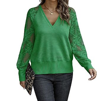 Women's Long Sleeve Blouse V Neck Lace Mesh Sleeve Ribbed Relaxed Fit Casual Tops