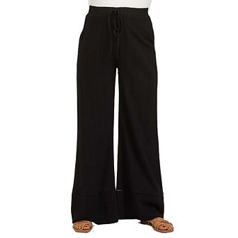 Women's Maternity Loose Lounge Pant Wide Leg Elastic Waist with Pockets Lace Trim and Hollow-Out