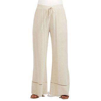 Women's Maternity Loose Lounge Pant Wide Leg Elastic Waist with Pockets Lace Trim and Hollow-Out