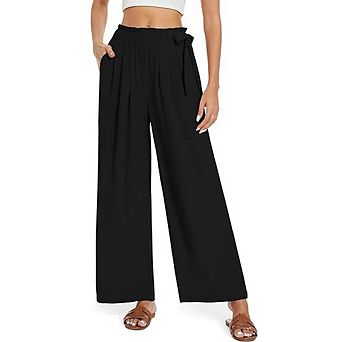 Women's High Waist Wide Leg Long Palazzo Pants Knot Tie Elastic Trousers with Pockets