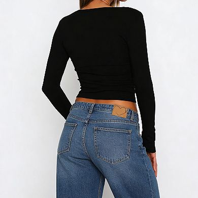 Women's Long Sleeve Top Fitted Crop T Shirt With Button Casual Daily Wear