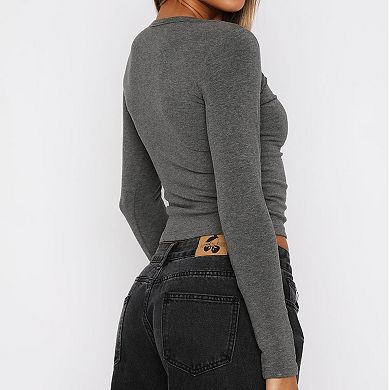 Women's Long Sleeve Top Fitted Crop T Shirt With Button Casual Daily Wear