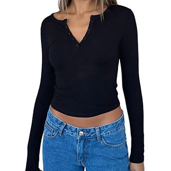 Women's Long Sleeve Top Fitted Crop T Shirt With Button Casual Daily Wear
