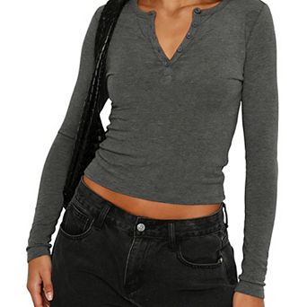 Women's Long Sleeve Top Fitted Crop T Shirt With Button Casual Daily Wear