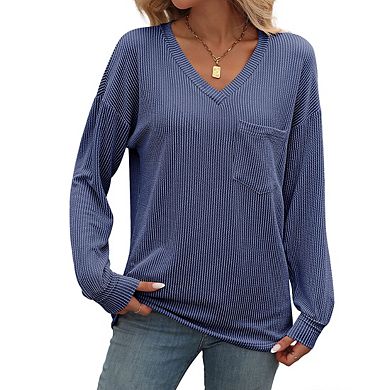 Women's Long Sleeve Knit Top V Neck Ribbed Front Pocket Oversized Fit Casual Tops