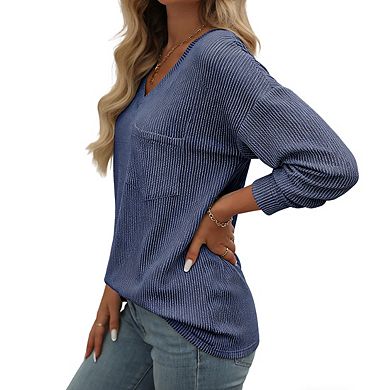 Women's Long Sleeve Knit Top V Neck Ribbed Front Pocket Oversized Fit Casual Tops