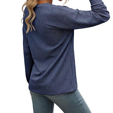 Women's Long Sleeve Knit Top V Neck Ribbed Front Pocket Oversized Fit Casual Tops