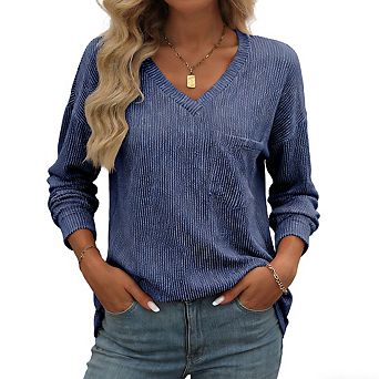 Women's Long Sleeve Knit Top V Neck Ribbed Front Pocket Oversized Fit Casual Tops