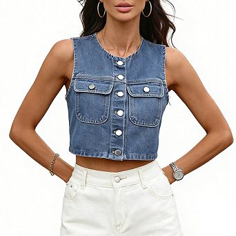 Women's Denim Sleeveless Vest Round Neck Button-Front Cropped Vest Casual Chest Pocket Tank Top