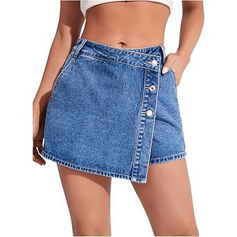 Women's High Waisted Denim Skort Side Button Placket Casual Summer Daily Wear Jean Skirt Shorts