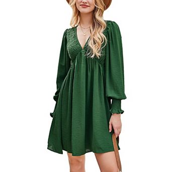 Womens Mini Dress Smocked V Neck Long Sleeve Empire Waist Casual A Line Green Dress