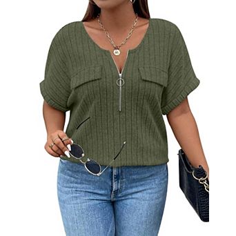 Women Plus Size Shirts Short Sleeve Lightweight Summer Zipped V Neck Casual Shirt Tops