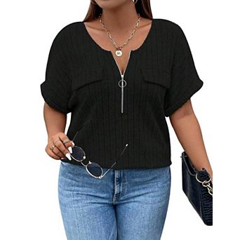 Women Plus Size Shirts Short Sleeve Lightweight Summer Zipped V Neck Casual Shirt Tops
