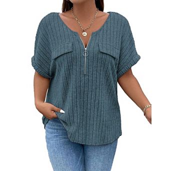 Women Plus Size Shirts Short Sleeve Lightweight Summer Zipped V Neck Casual Shirt Tops