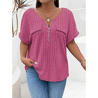Women Plus Size Shirts Short Sleeve Lightweight Summer Zipped V Neck Casual Shirt Tops