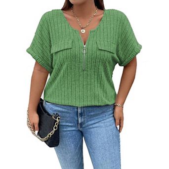 Women Plus Size Shirts Short Sleeve Lightweight Summer Zipped V Neck Casual Shirt Tops