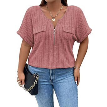 Women Plus Size Shirts Short Sleeve Lightweight Summer Zipped V Neck Casual Shirt Tops