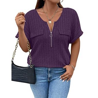 Women Plus Size Shirts Short Sleeve Lightweight Summer Zipped V Neck Casual Shirt Tops