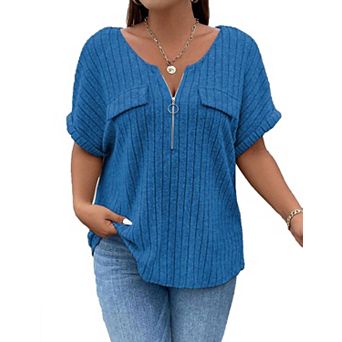Women Plus Size Shirts Short Sleeve Lightweight Summer Zipped V Neck Casual Shirt Tops