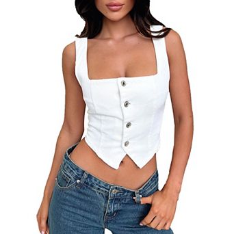 Women Y2k Button Crop Tops Sleeveless Vest Summer Lightweight Square Neck Going Out Top