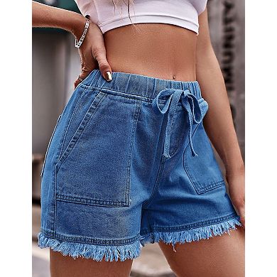 Women's Jean Shorts Denim Elastic Waist Baggy Lightweight Drawstring Pocketed Short