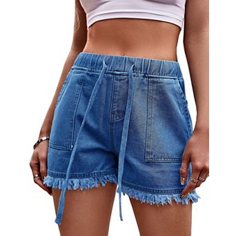 Women's Jean Shorts Denim Elastic Waist Baggy Lightweight Drawstring Pocketed Short
