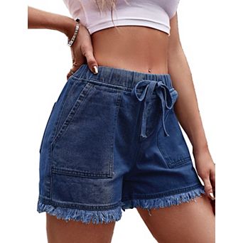 Women's Jean Shorts Denim Elastic Waist Baggy Lightweight Drawstring Pocketed Short