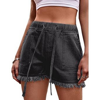 Women's Jean Shorts Denim Elastic Waist Baggy Lightweight Drawstring Pocketed Short