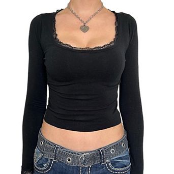 Women Slim Fitted T-Shirts Y2K Long Sleeve Lace Trim Square Neck Casual Tee Tops