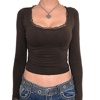 Women Slim Fitted T-Shirts Y2K Long Sleeve Lace Trim Square Neck Casual Tee Tops