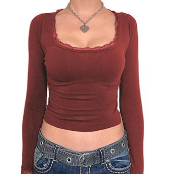 Women Slim Fitted T-Shirts Y2K Long Sleeve Lace Trim Square Neck Casual Tee Tops