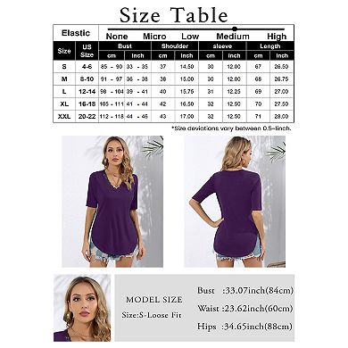 Women's Deep V Neck Shirt 1/2 Sleeves Tops Basic Stretchy Solid Slim Fitted Tee Shirts