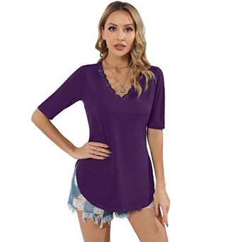Women's Deep V Neck Shirt 1/2 Sleeves Tops Basic Stretchy Solid Slim Fitted Tee Shirts