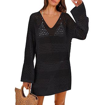 Women's Crochet Beach Cover Up Long Sleeve V-Neck Mini Dress Hollow Out Swimsuit Cover-up