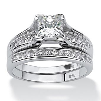 PalmBeach Jewelry 1.88 TCW Princess-Cut CZ Platinum-plated Sterling Silver 2 pc Bridal Ring Set