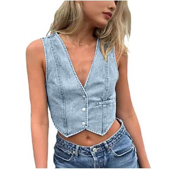 Women's Jean Vests Crop Denim Tank Top Button Down Waistcoat Casual Sleeveless V Neck Jacket