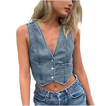 Women's Jean Vests Crop Denim Tank Top Button Down Waistcoat Casual Sleeveless V Neck Jacket