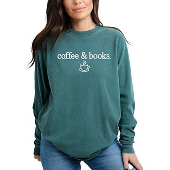 Embroidered Coffee & Books - Women's Garment Dyed Long Sleeve Graphic T-Shirt