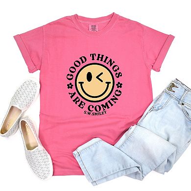 S.W.Smiley Good Things Are Coming Smiley Face - Women's Garment Dyed Graphic T-Shirt