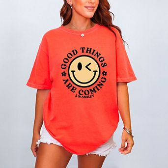 S.W.Smiley Good Things Are Coming Smiley Face - Women's Garment Dyed Graphic T-Shirt
