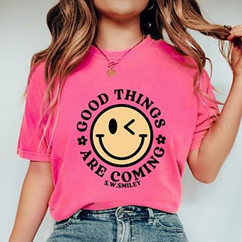 S.W.Smiley Good Things Are Coming Smiley Face - Women's Garment Dyed Graphic T-Shirt