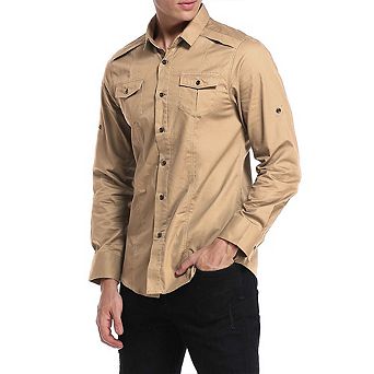 Men's Cargo Long Sleeve Shirt Military Casual Slim Fit Long Sleeve Shirts Tops