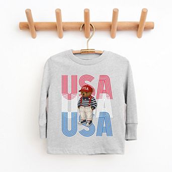 USA Stacked Bear Suspenders - Youth Long Sleeve Graphic T-Shirt